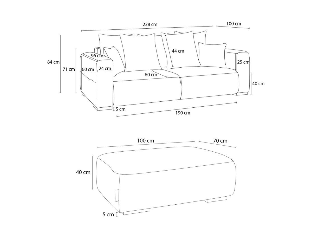 Canapé droit fixe 3 places SIDONIE tissu chiné avec pouf