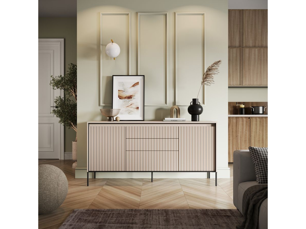 Ensemble LENARA avec buffet 166 cm + meuble TV 167 cm + table basse avec tasseaux et LED