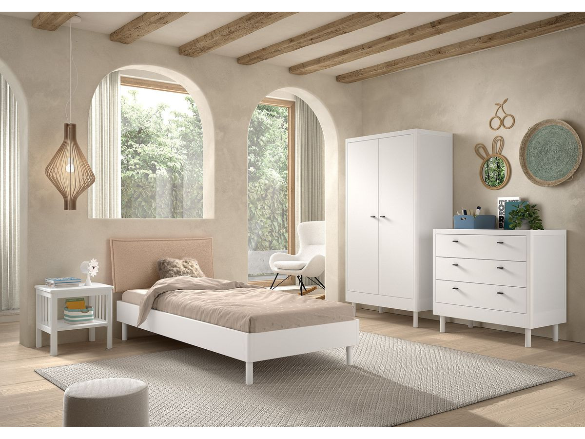 Ensemble lit enfant EMERY avec chevet + armoire + commode 3 tiroirs hêtre massif