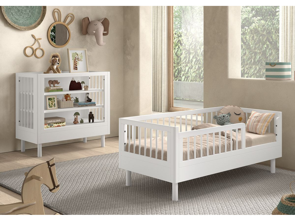 Ensemble ADELIA lit enfant avec commode 2 étagères hêtre massif