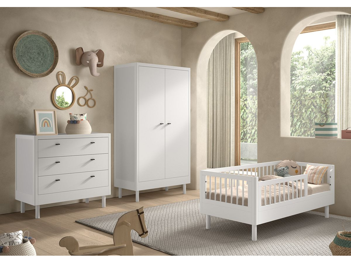 Ensemble lit enfant 70 x 140 cm ADELIA avec armoire + commode 3 tiroirs hêtre massif