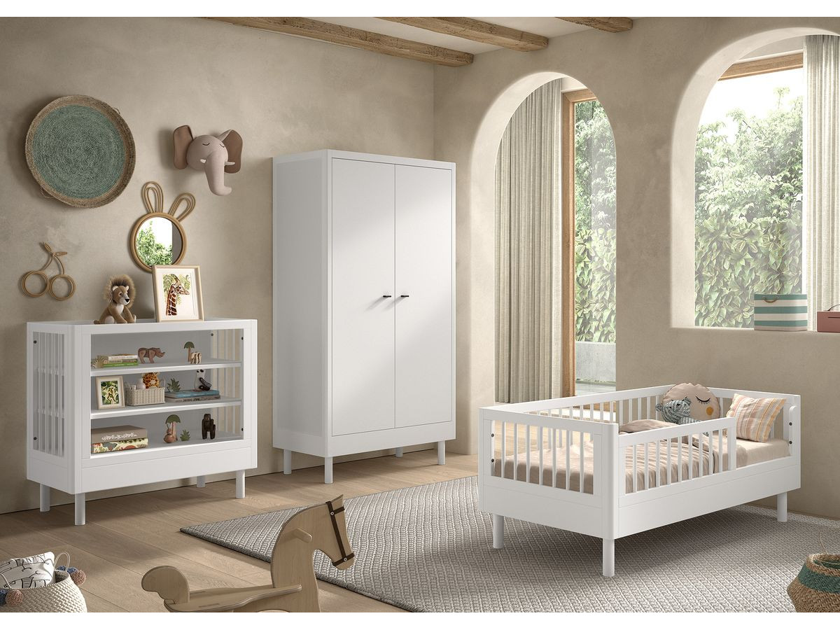 Ensemble lit enfant 70 x 140 cm ADELIA avec armoire + commode 2 étagères hêtre massif