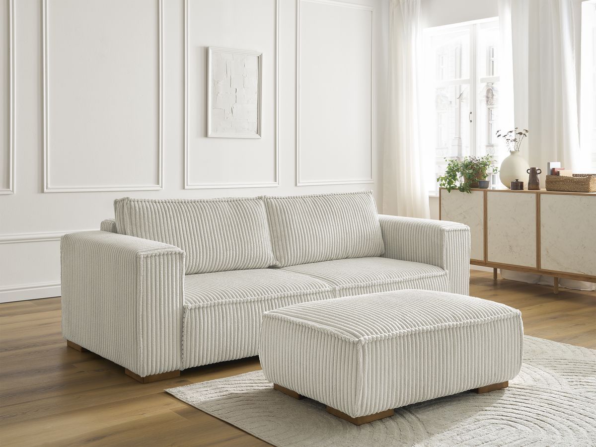 Canapé droit fixe 3 places CHELSEA gros côtelé doux avec pouf