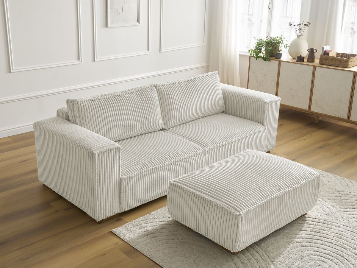 Canapé droit fixe 3 places CHELSEA gros côtelé doux avec pouf