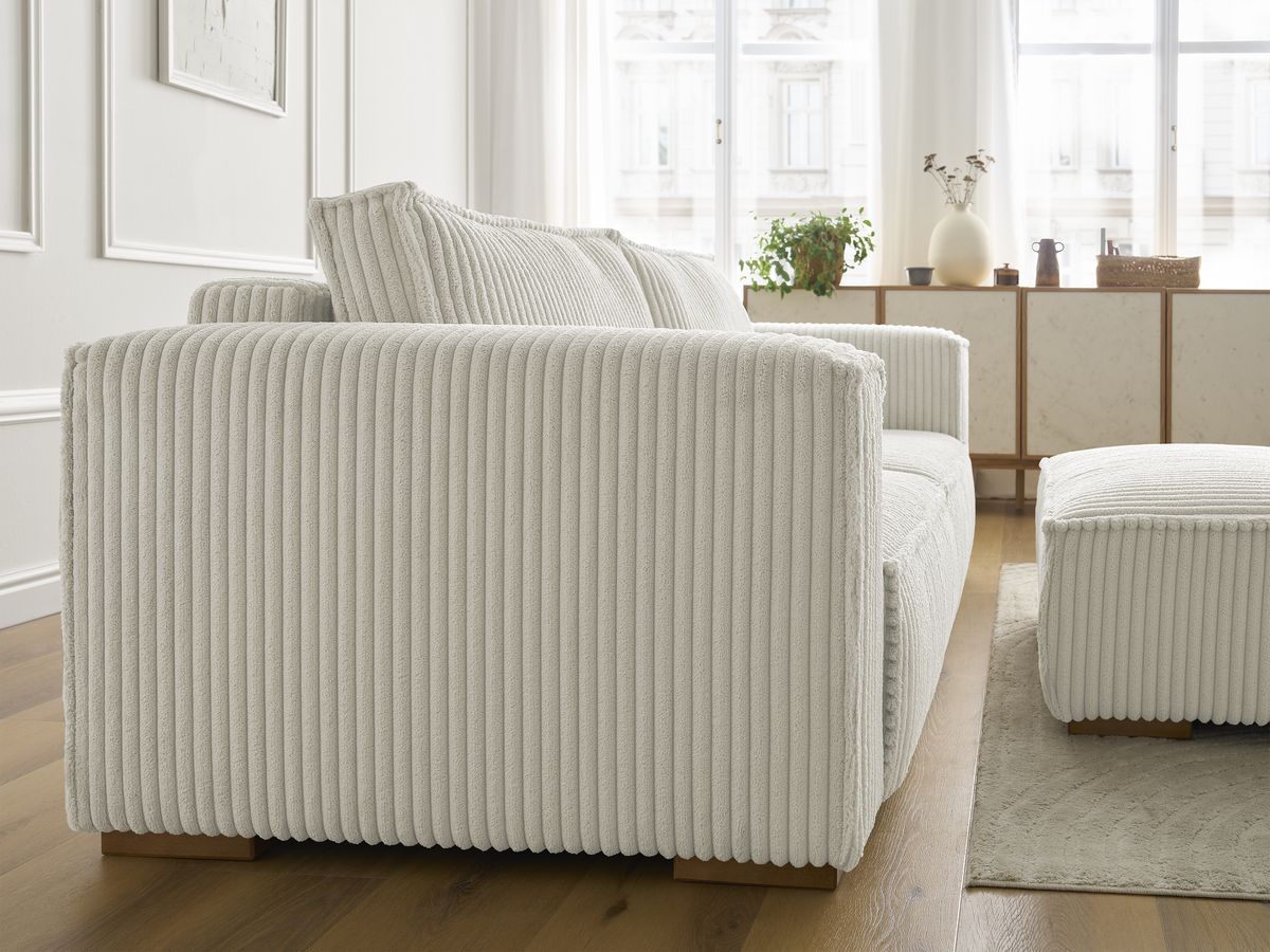 Canapé droit fixe 3 places CHELSEA gros côtelé doux avec pouf
