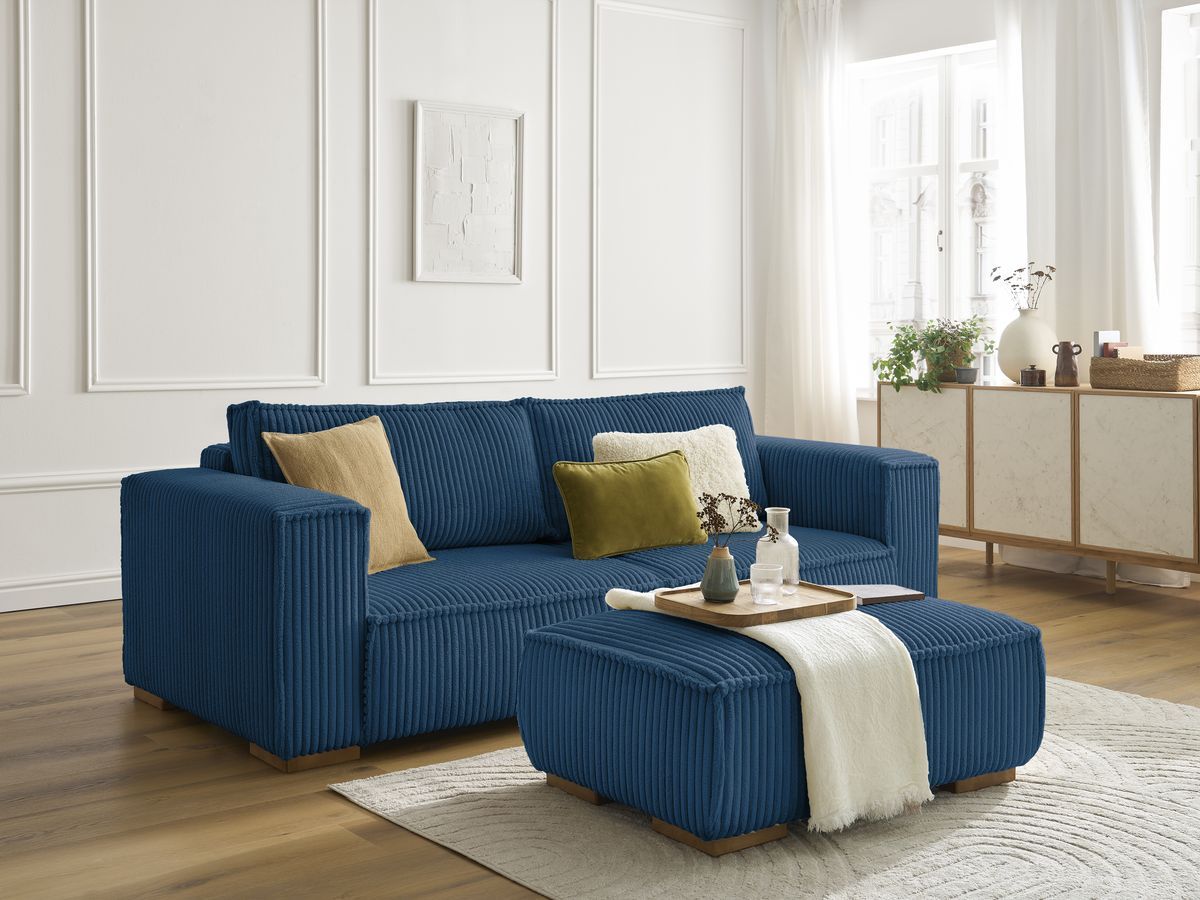 Canapé droit fixe 3 places CHELSEA gros côtelé doux avec pouf