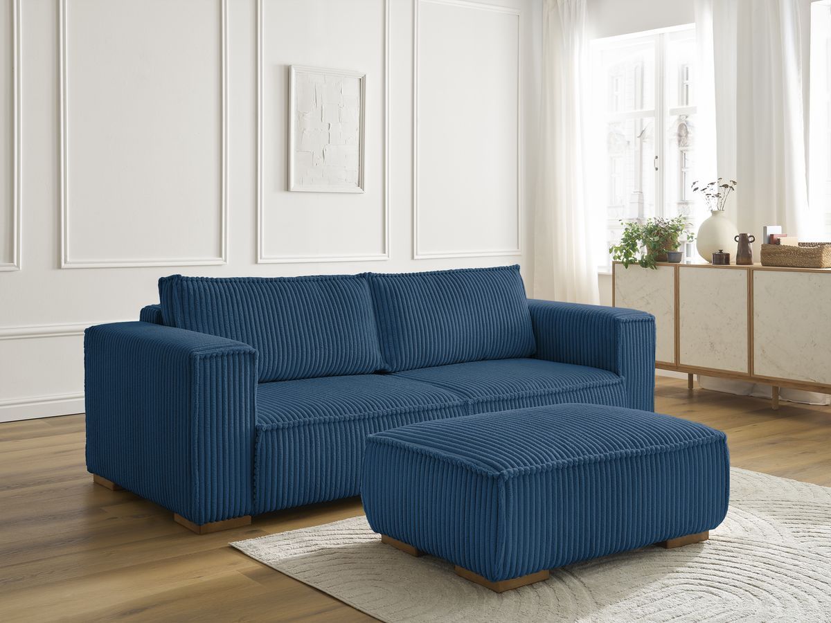 Canapé droit fixe 3 places CHELSEA gros côtelé doux avec pouf