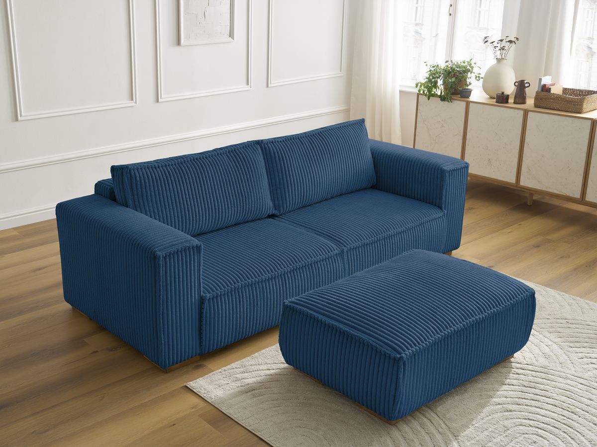 Canapé droit fixe 3 places CHELSEA gros côtelé doux avec pouf