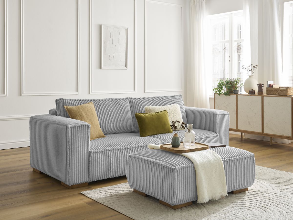 Canapé droit fixe 3 places CHELSEA gros côtelé doux avec pouf
