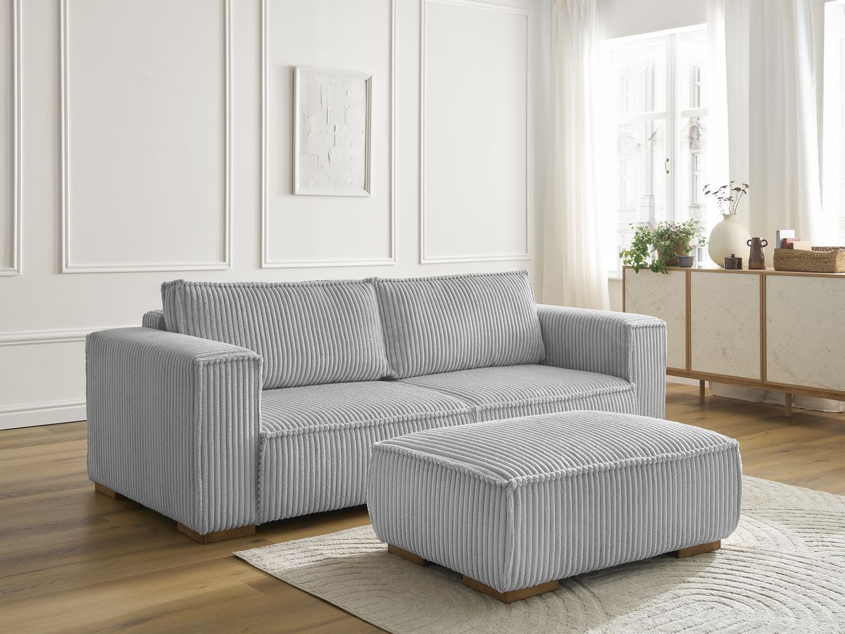 Canapé droit fixe 3 places CHELSEA gros côtelé doux avec pouf