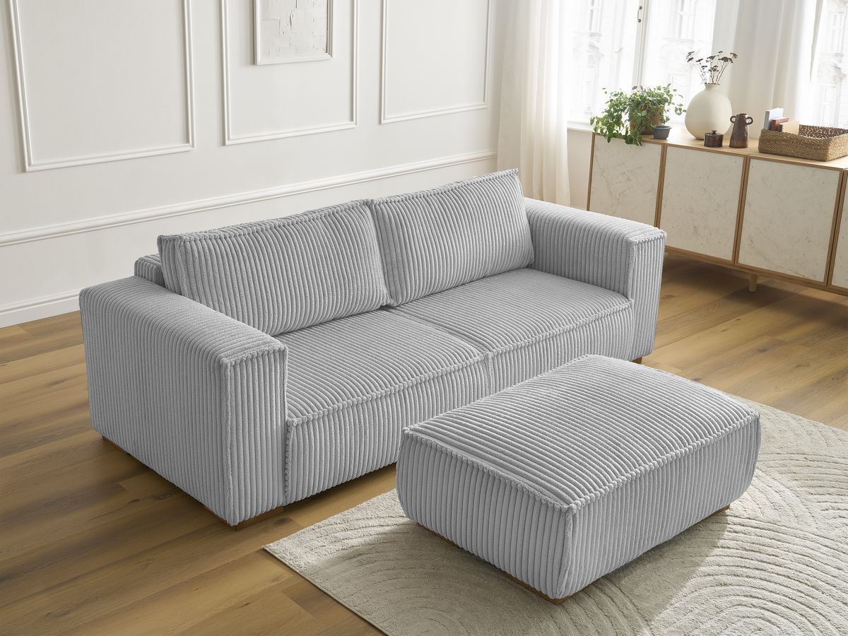 Canapé droit fixe 3 places CHELSEA gros côtelé doux avec pouf