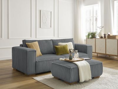 Canapé droit fixe 3 places CHELSEA gros côtelé doux avec pouf