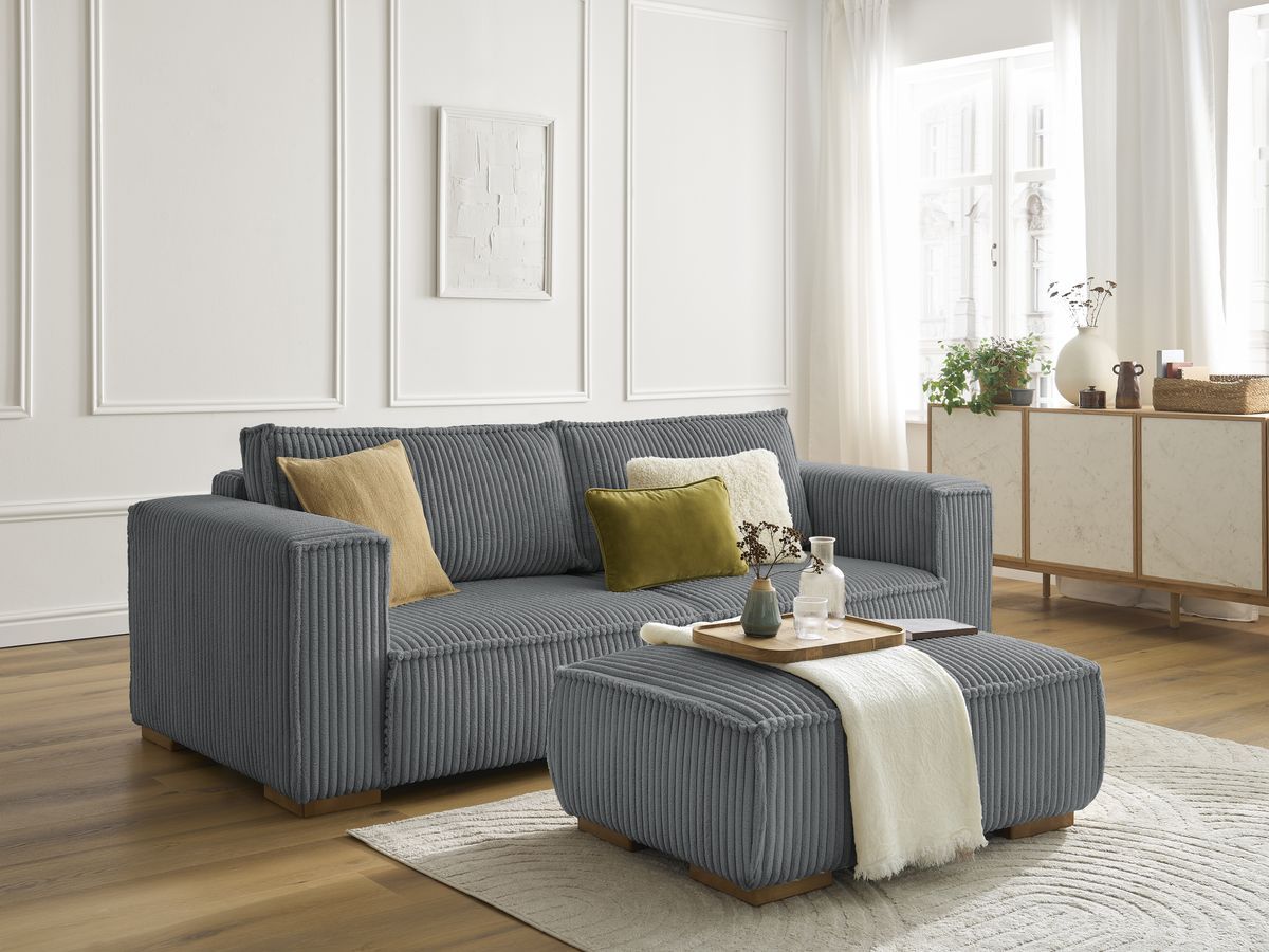 Canapé droit fixe 3 places CHELSEA gros côtelé doux avec pouf