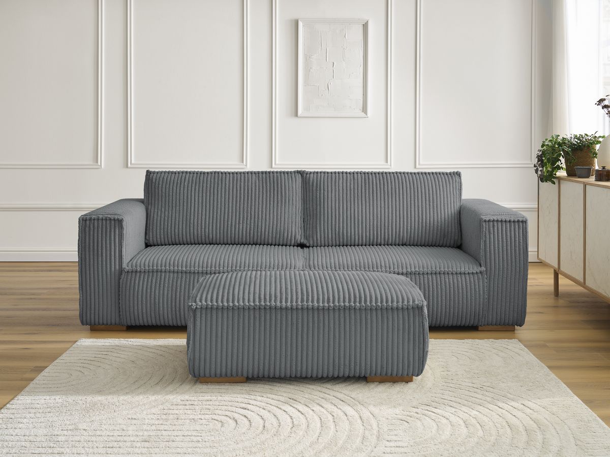 Canapé droit 3 places CHELSEA gros côtelé doux avec pouf gris foncé — vue 5