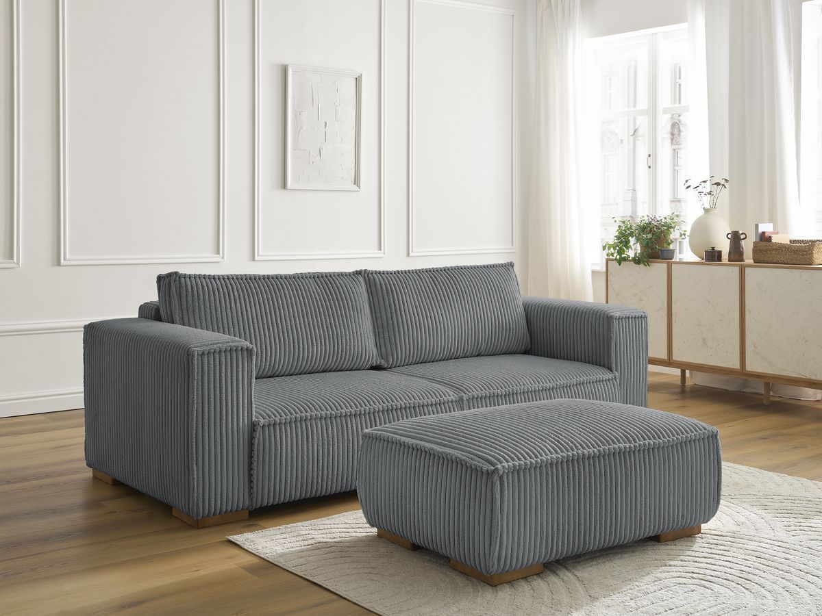 Canapé droit fixe 3 places CHELSEA gros côtelé doux avec pouf