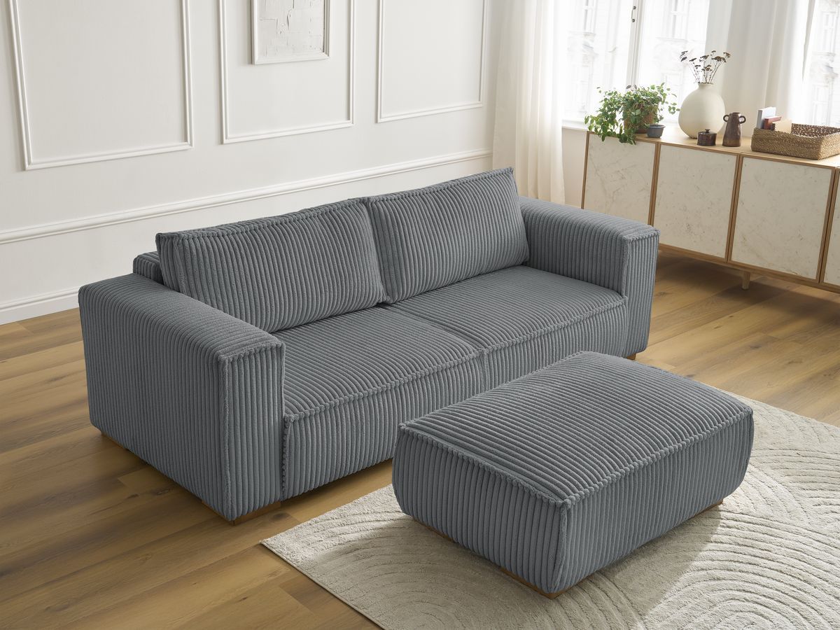 Canapé droit fixe 3 places CHELSEA gros côtelé doux avec pouf
