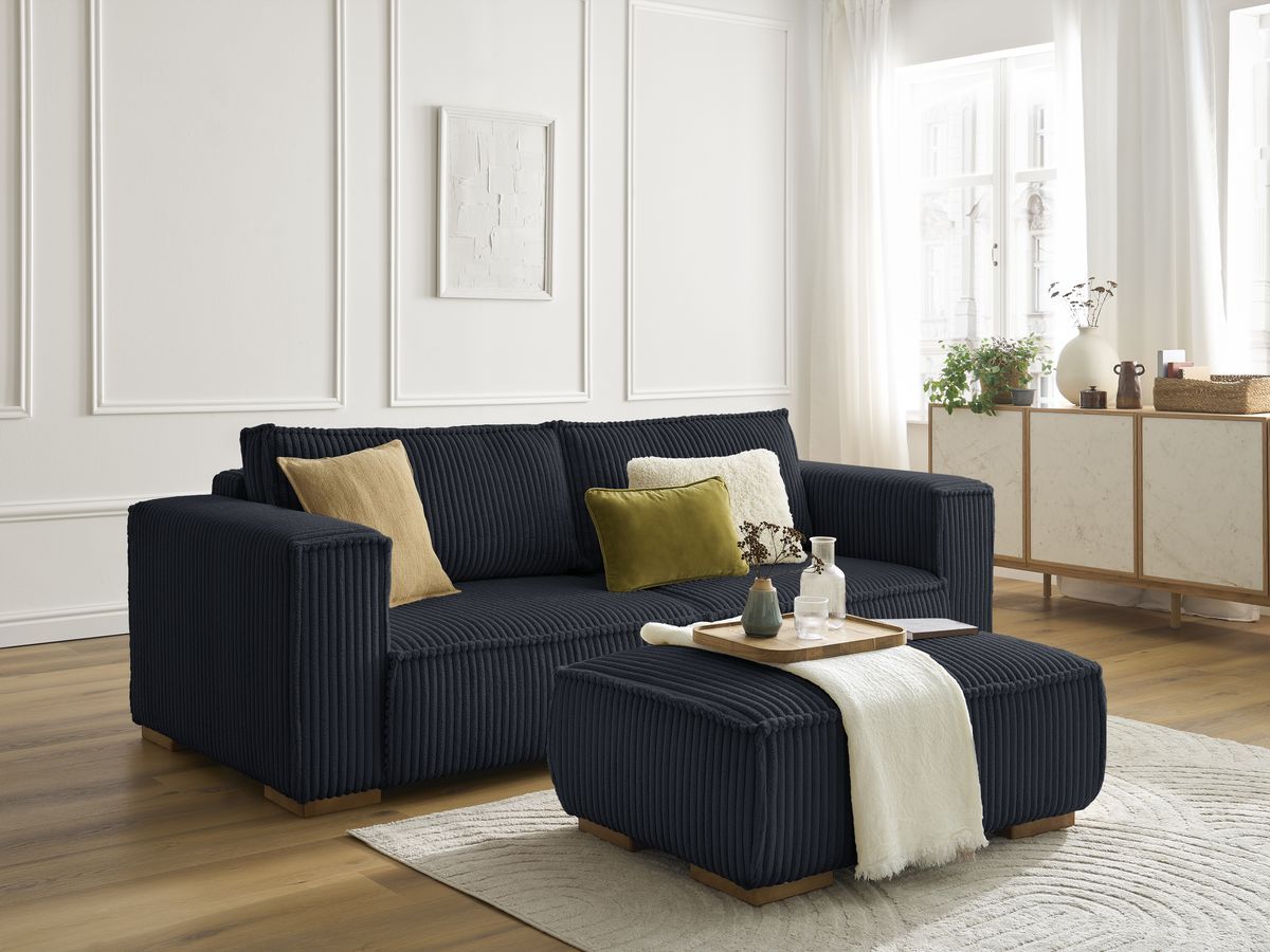 Canapé droit fixe 3 places CHELSEA gros côtelé doux avec pouf