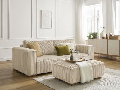 Canapé droit fixe 3 places CHELSEA gros côtelé doux avec pouf