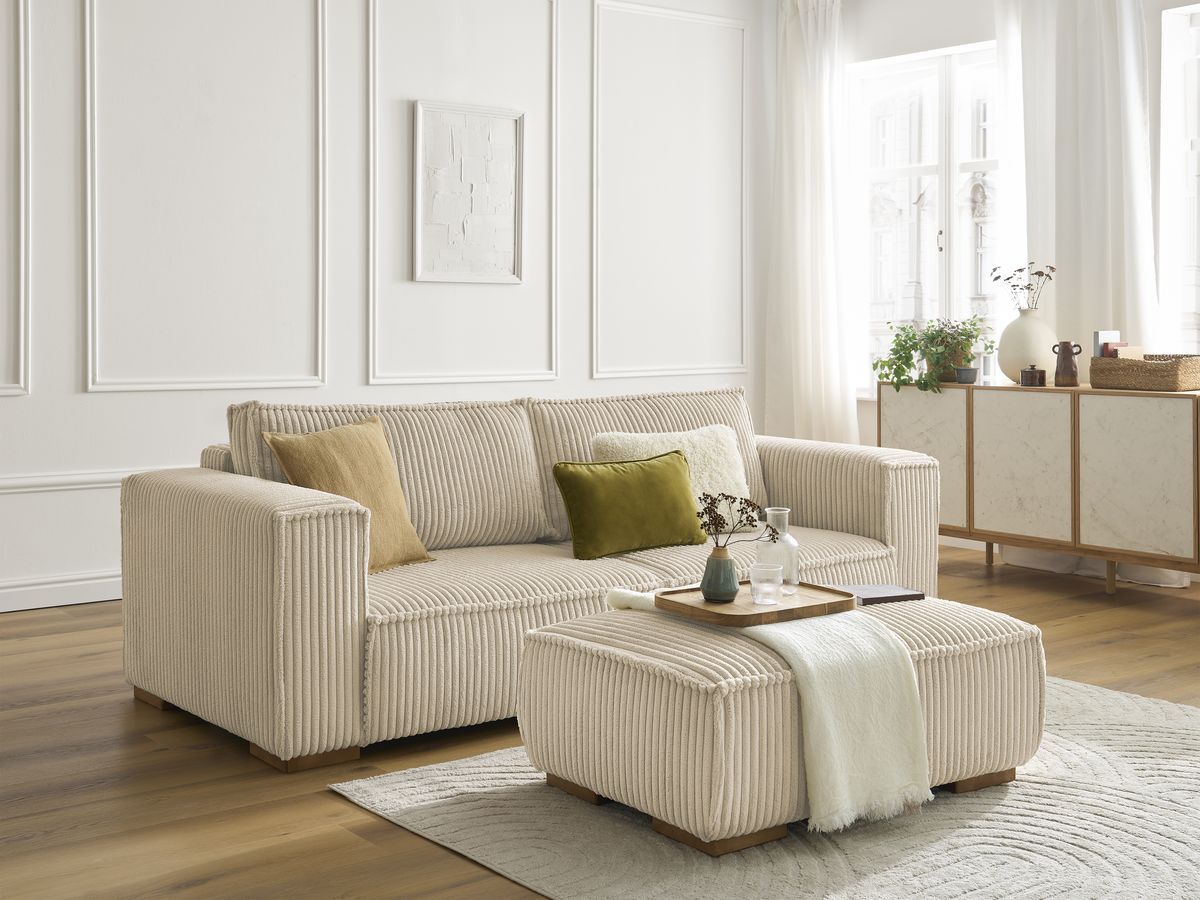 Canapé droit fixe 3 places CHELSEA gros côtelé doux avec pouf