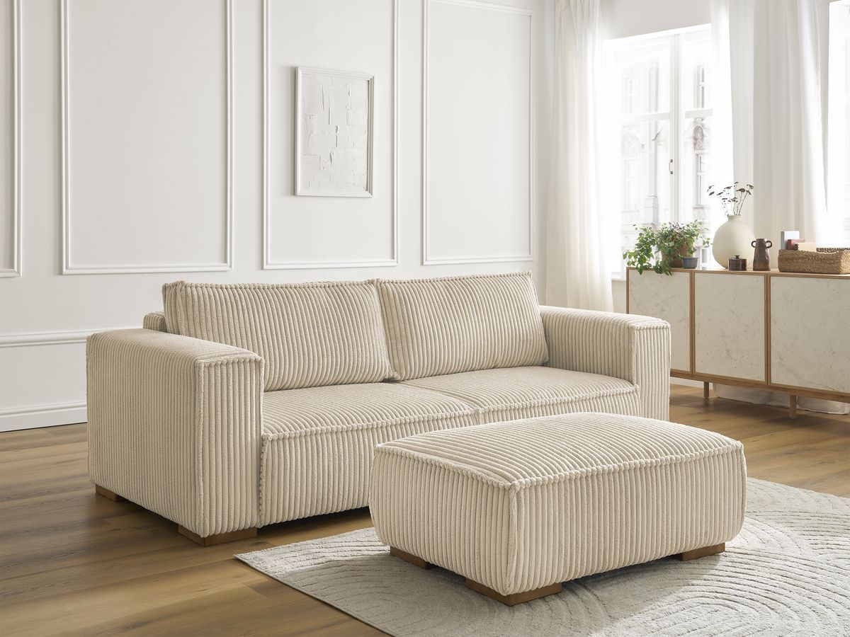 Canapé droit fixe 3 places CHELSEA gros côtelé doux avec pouf