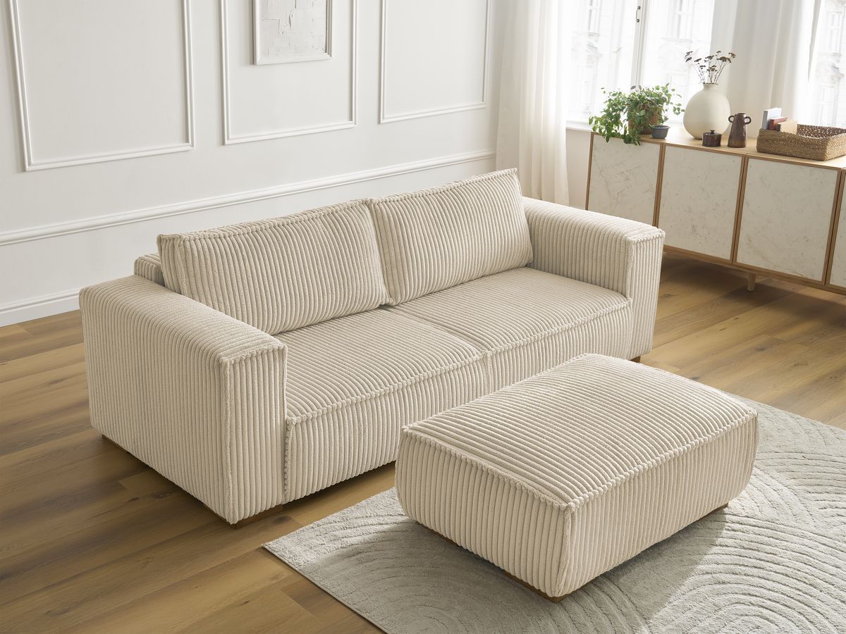 Canapé droit fixe 3 places CHELSEA gros côtelé doux avec pouf