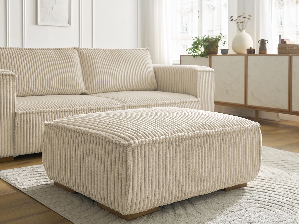 Canapé droit fixe 3 places CHELSEA gros côtelé doux avec pouf