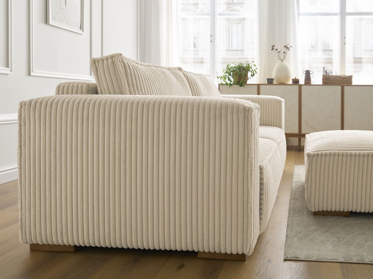 Canapé droit fixe 3 places CHELSEA gros côtelé doux avec pouf