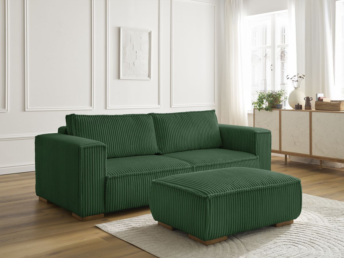 Canapé droit fixe 3 places CHELSEA gros côtelé doux avec pouf