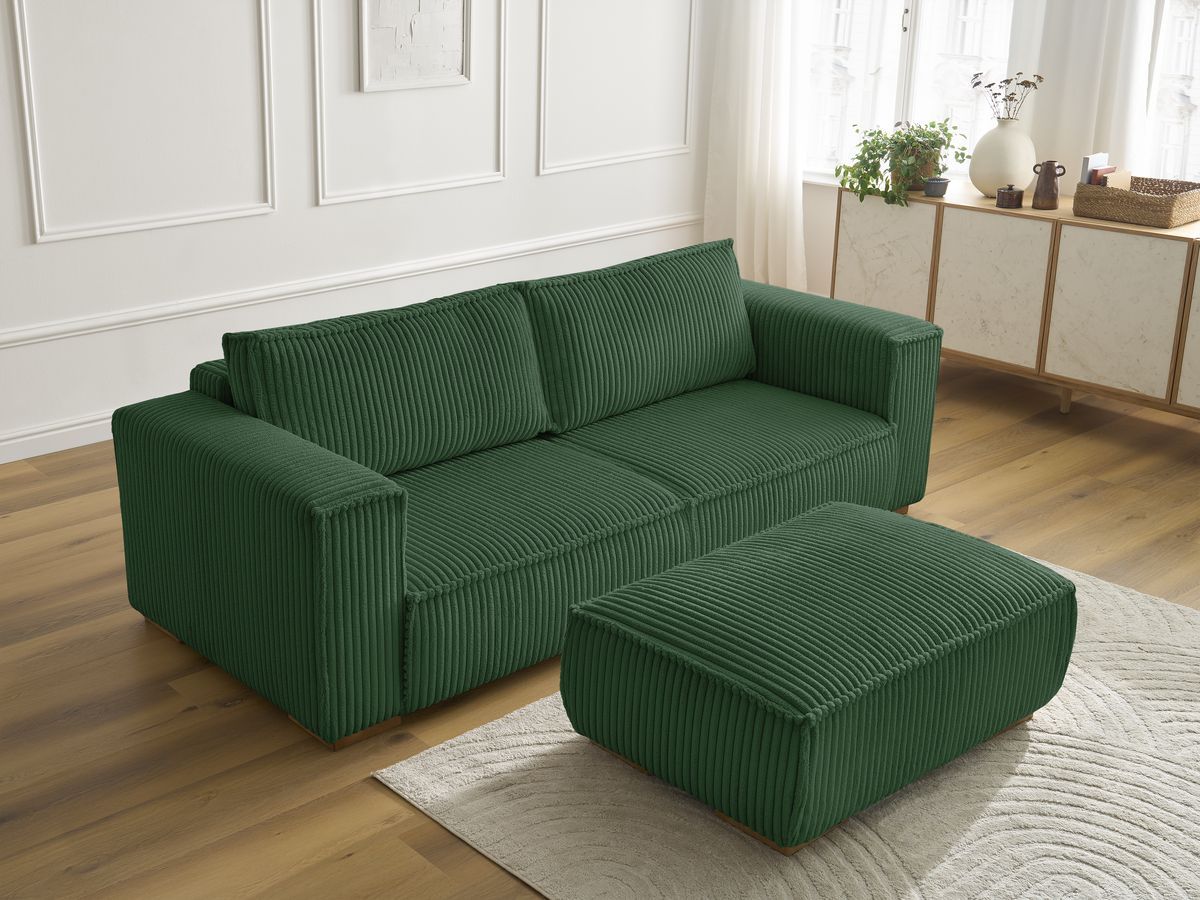 Canapé droit fixe 3 places CHELSEA gros côtelé doux avec pouf