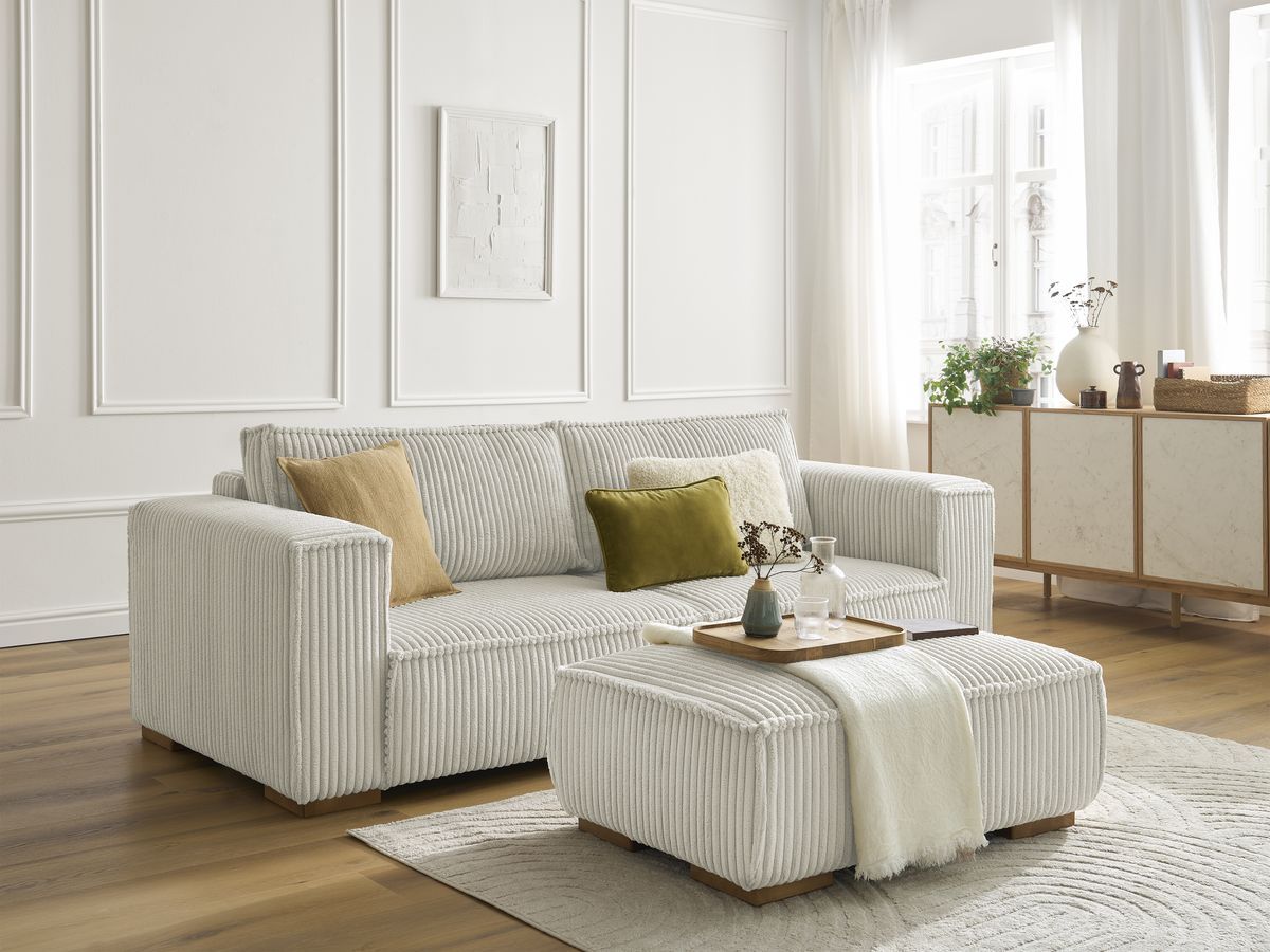 Canapé droit fixe 3 places CHELSEA gros côtelé doux avec pouf