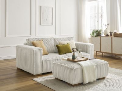 Canapé droit fixe 2 places CHELSEA gros côtelé doux avec pouf