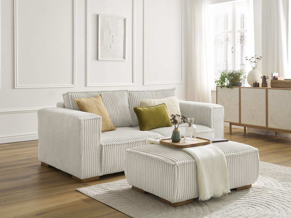 Canapé droit fixe 2 places CHELSEA gros côtelé doux avec pouf