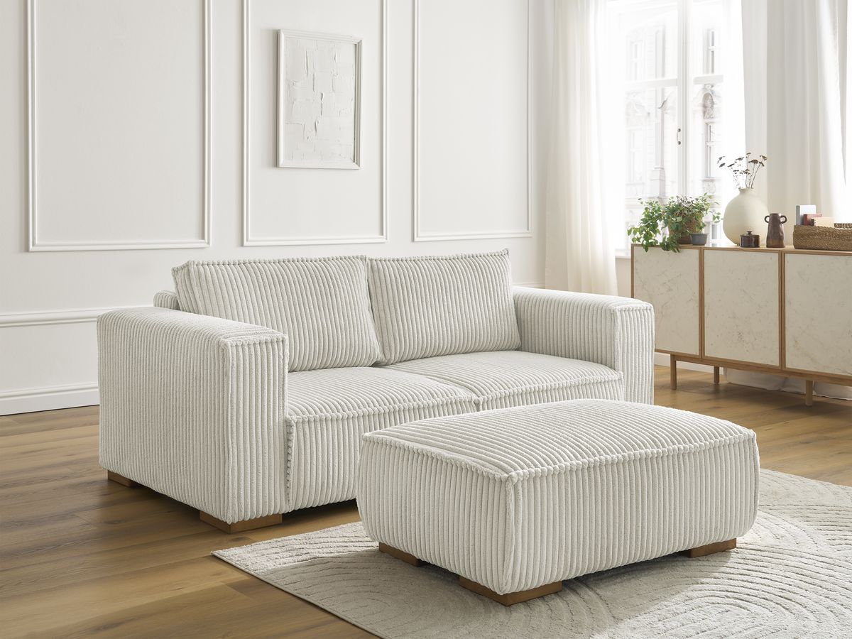 Canapé droit fixe 2 places CHELSEA gros côtelé doux avec pouf