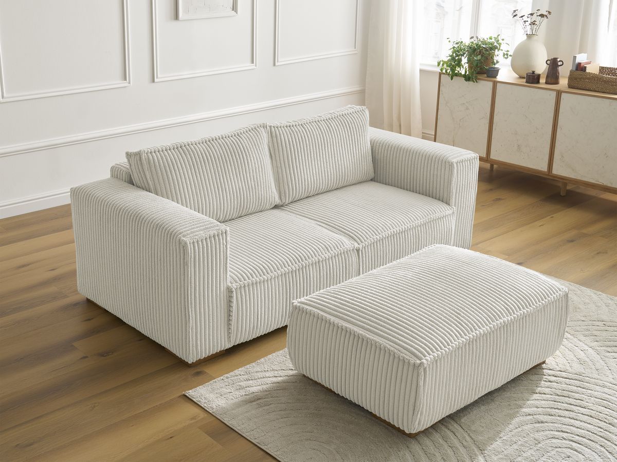 Canapé droit fixe 2 places CHELSEA gros côtelé doux avec pouf