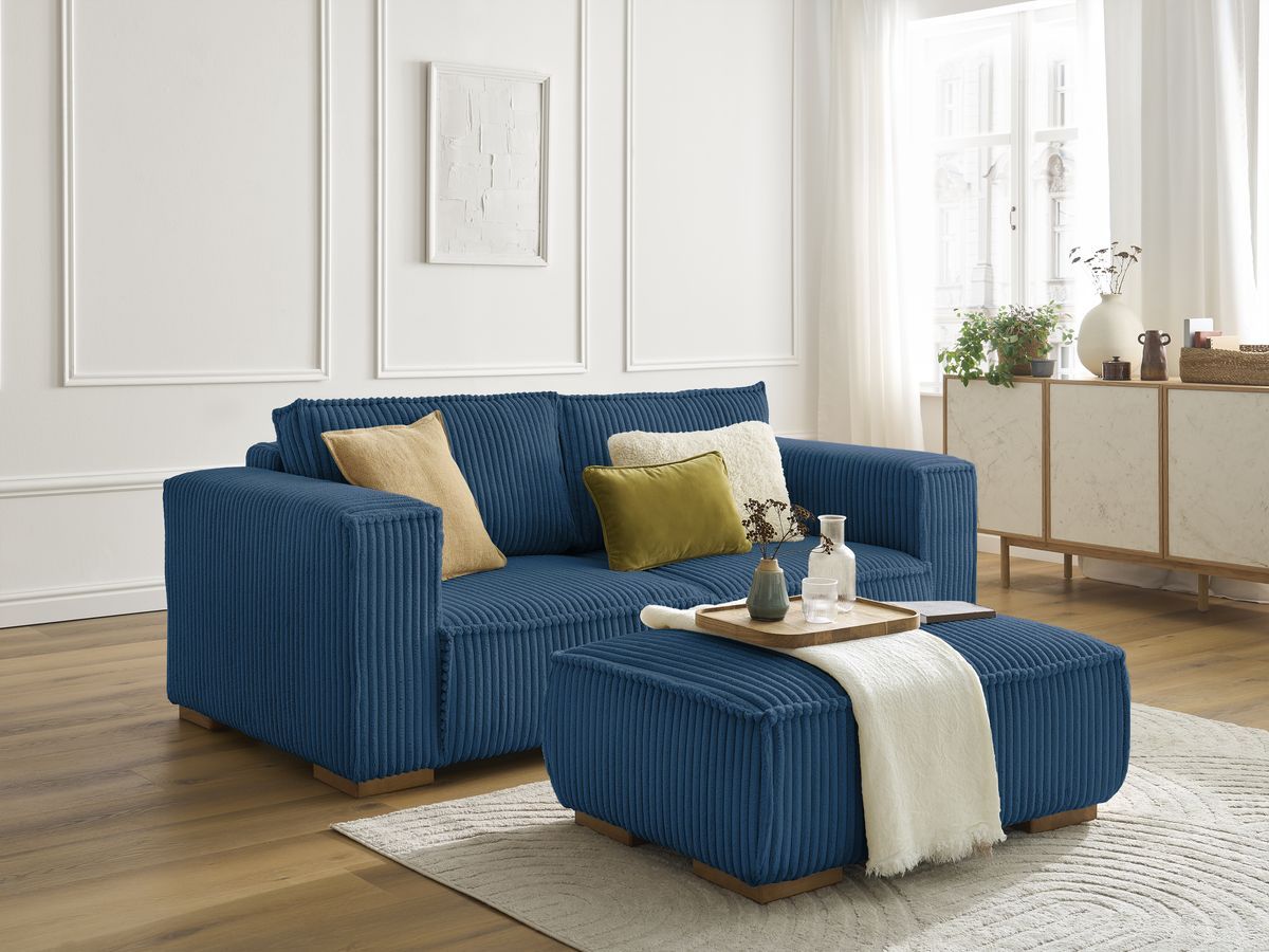 Canapé droit fixe 2 places CHELSEA gros côtelé doux avec pouf