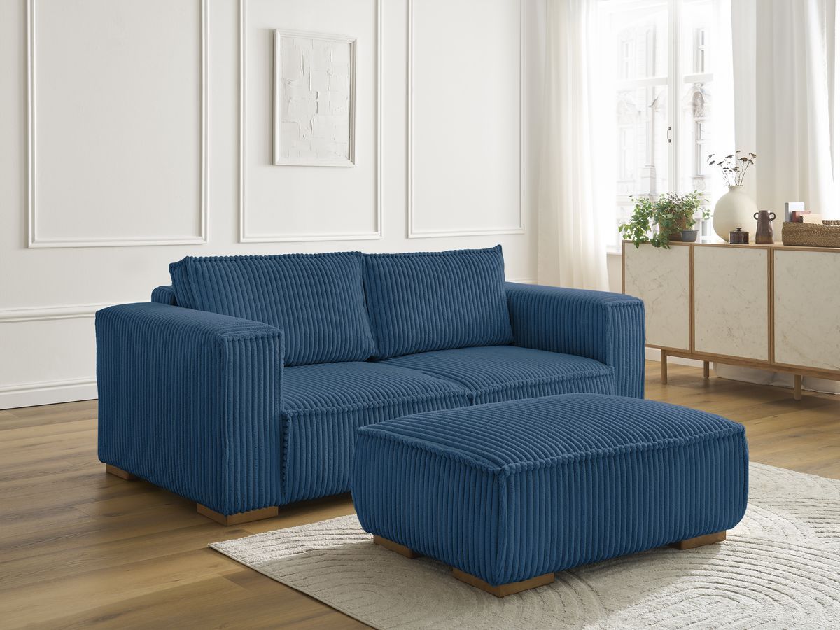 Canapé droit fixe 2 places CHELSEA gros côtelé doux avec pouf