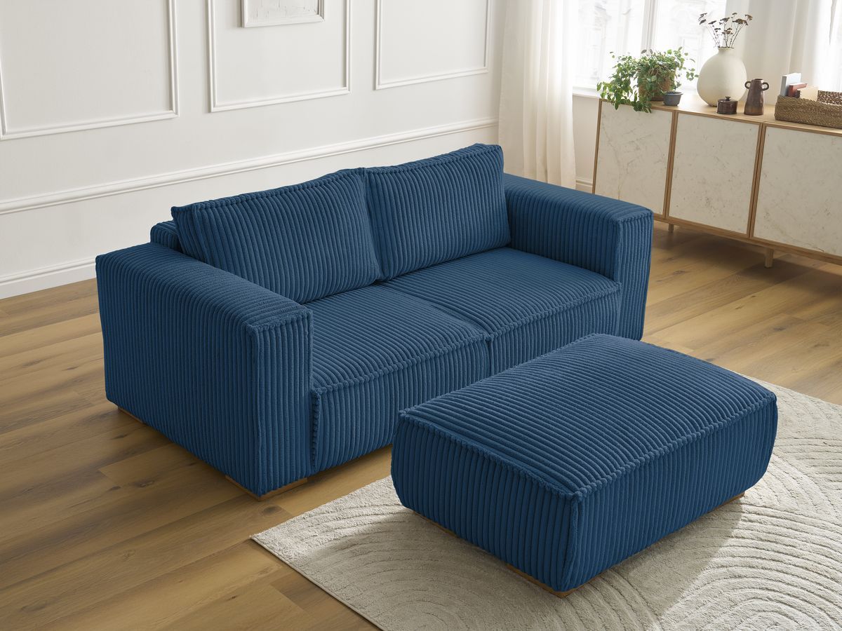 Canapé droit fixe 2 places CHELSEA gros côtelé doux avec pouf