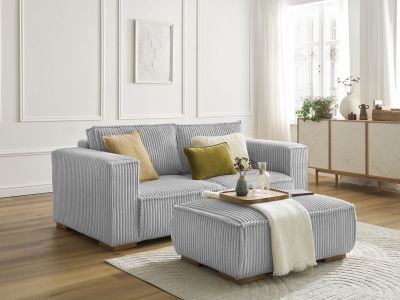 Canapé droit fixe 2 places CHELSEA gros côtelé doux avec pouf