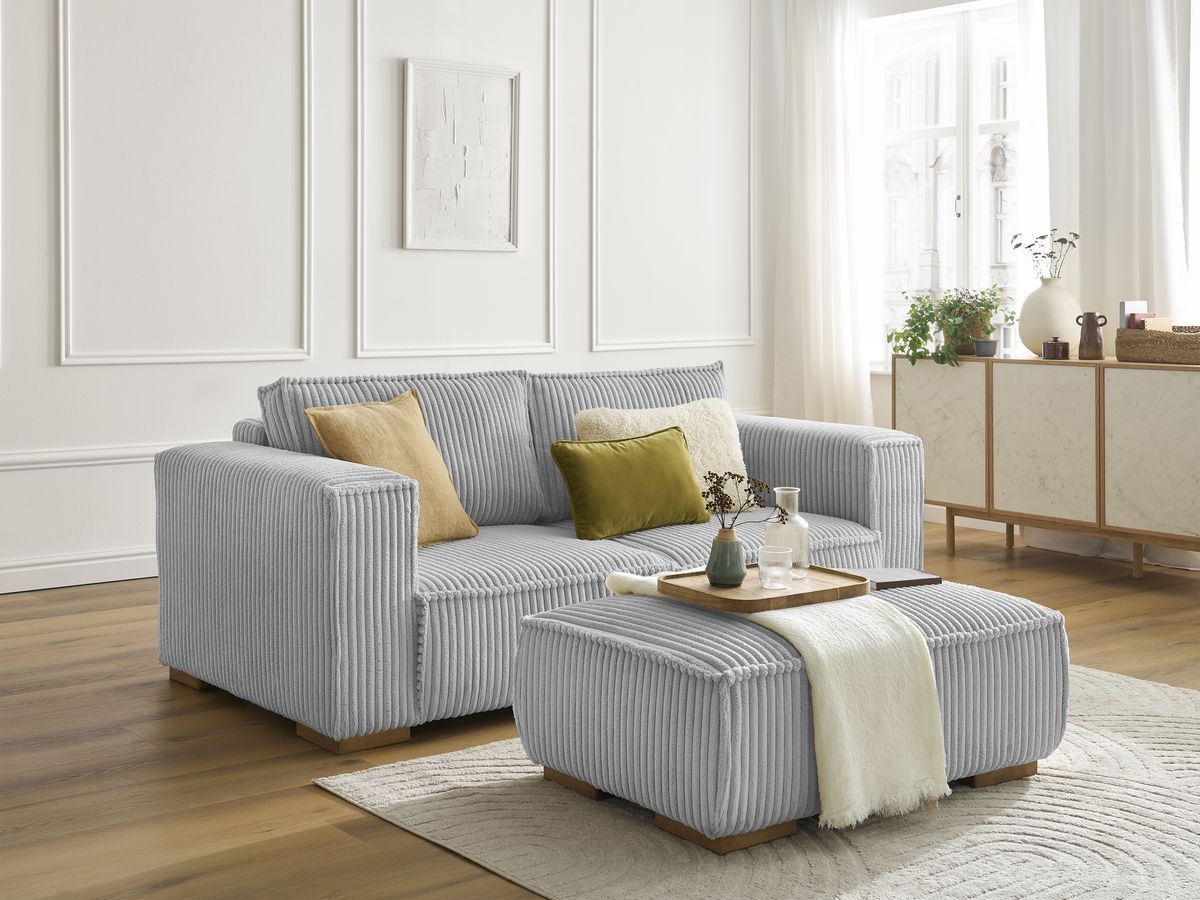 Canapé droit fixe 2 places CHELSEA gros côtelé doux avec pouf