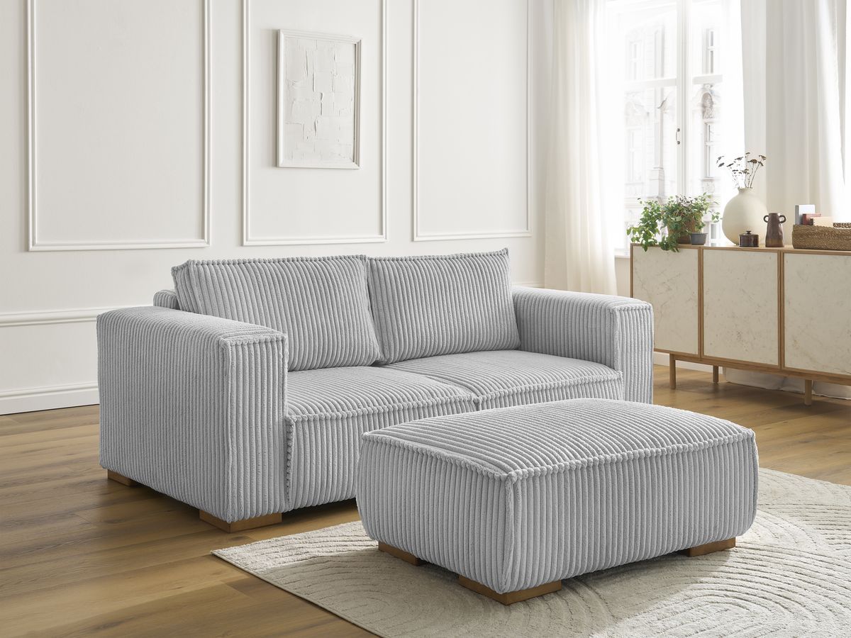 Canapé droit fixe 2 places CHELSEA gros côtelé doux avec pouf