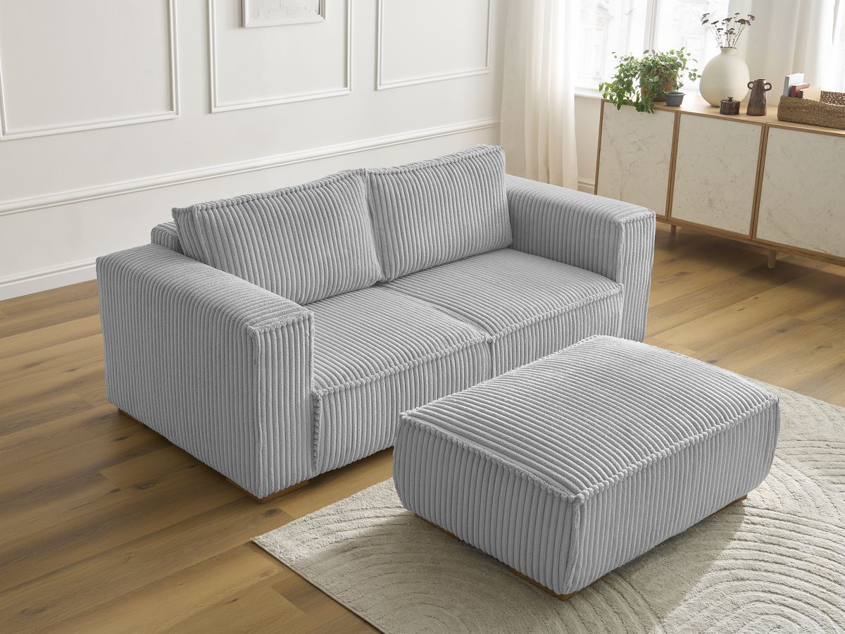 Canapé droit fixe 2 places CHELSEA gros côtelé doux avec pouf