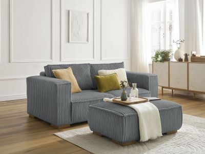 Canapé droit fixe 2 places CHELSEA gros côtelé doux avec pouf