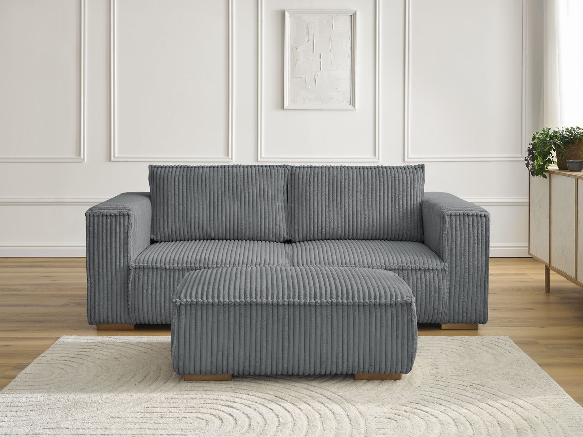 Canapé droit 2 places CHELSEA gros côtelé doux avec pouf gris foncé — vue 5