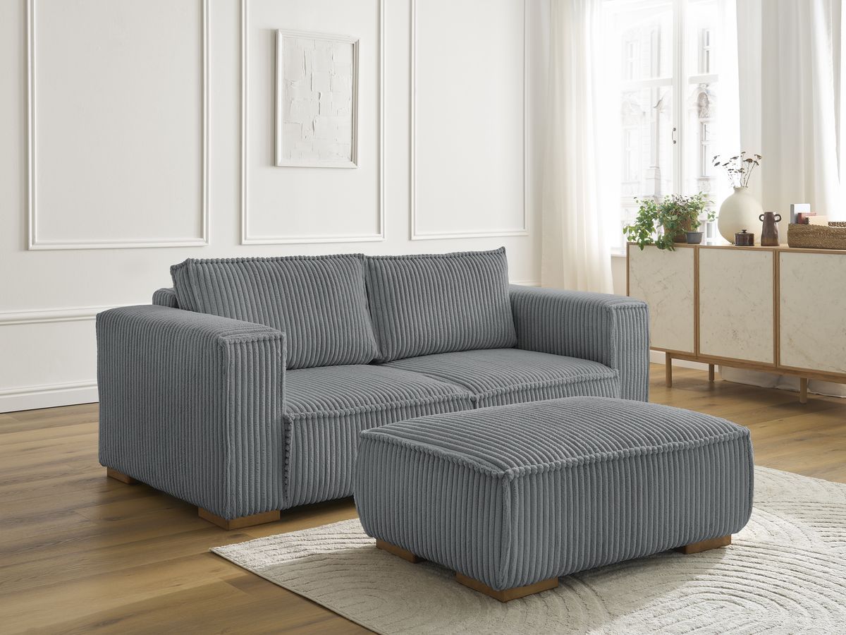 Canapé droit fixe 2 places CHELSEA gros côtelé doux avec pouf