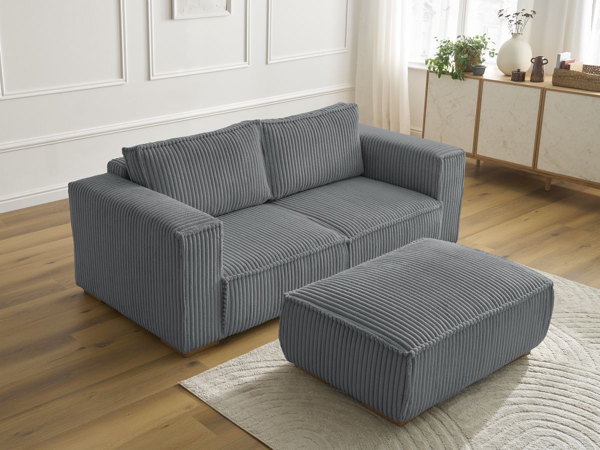 Canapé droit fixe 2 places CHELSEA gros côtelé doux avec pouf