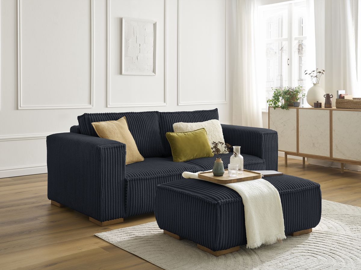 Canapé droit fixe 2 places CHELSEA gros côtelé doux avec pouf