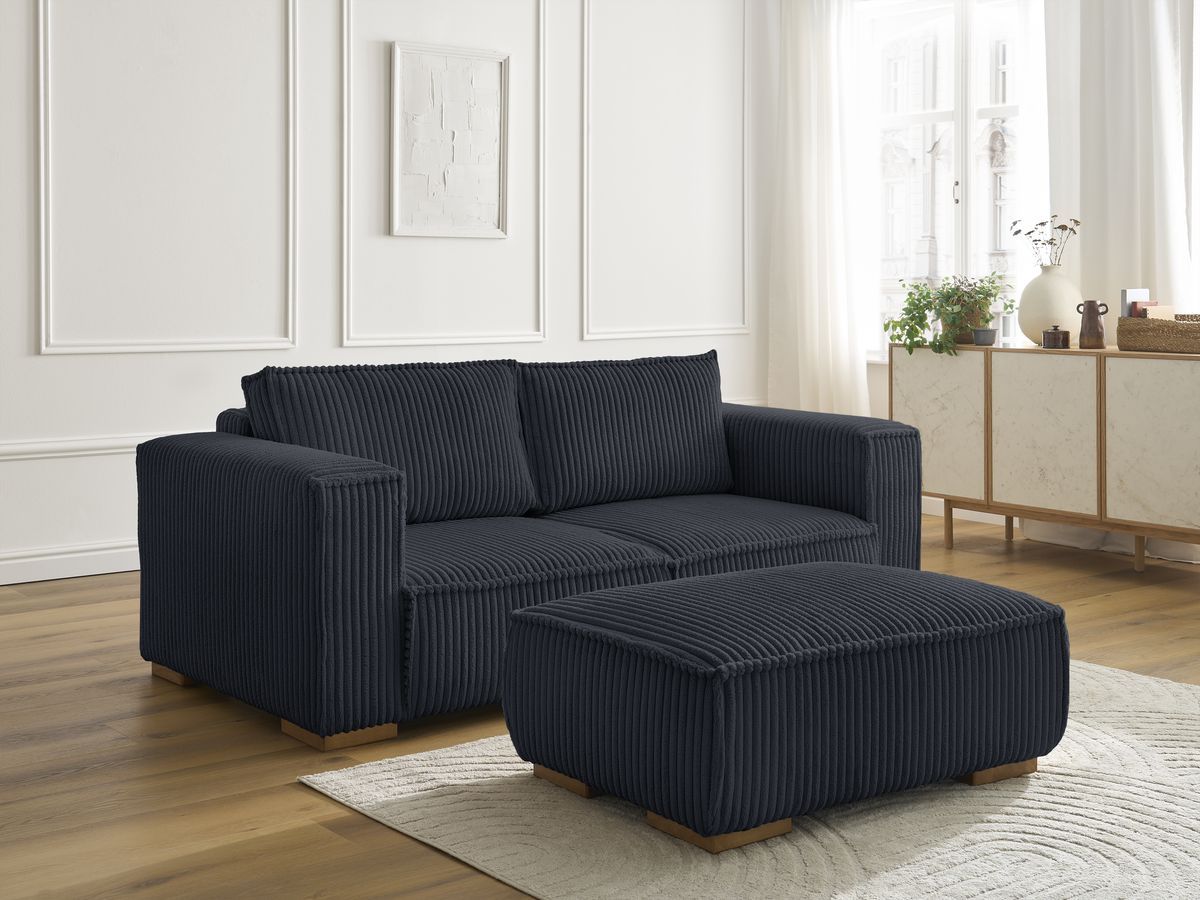 Canapé droit fixe 2 places CHELSEA gros côtelé doux avec pouf