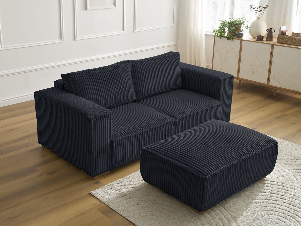 Canapé droit fixe 2 places CHELSEA gros côtelé doux avec pouf