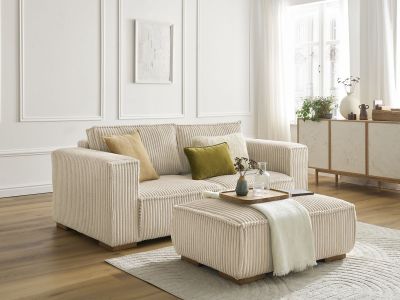 Canapé droit fixe 2 places CHELSEA gros côtelé doux avec pouf