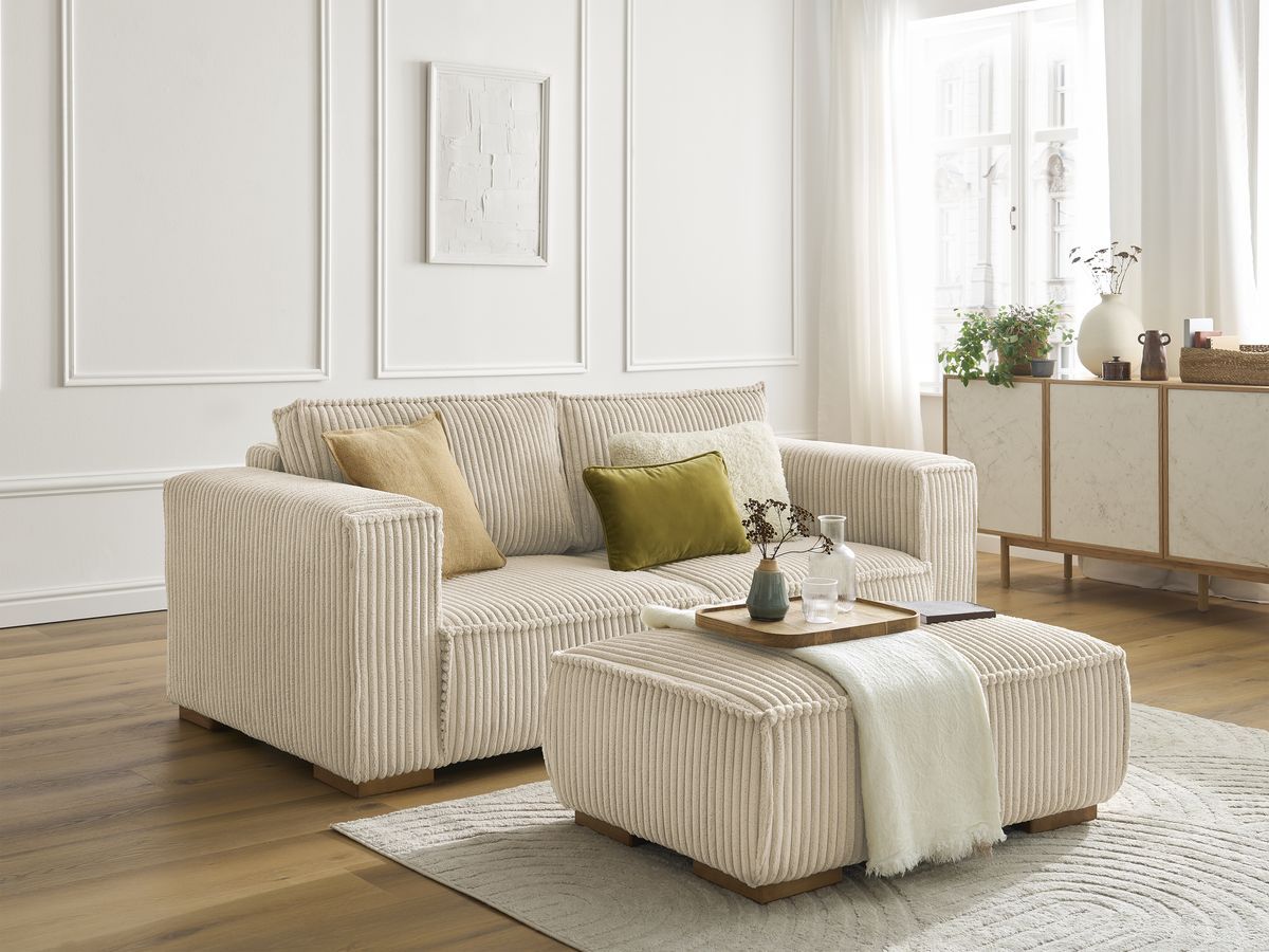 Canapé droit fixe 2 places CHELSEA gros côtelé doux avec pouf